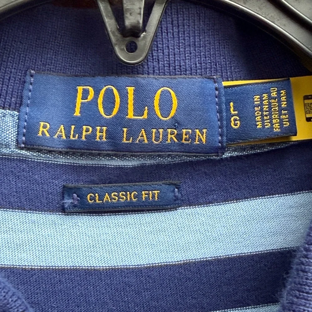 Polo Ralph Lauren Navy & Light Blue Striped Classic Fit Large Golf Polo Shirt T8